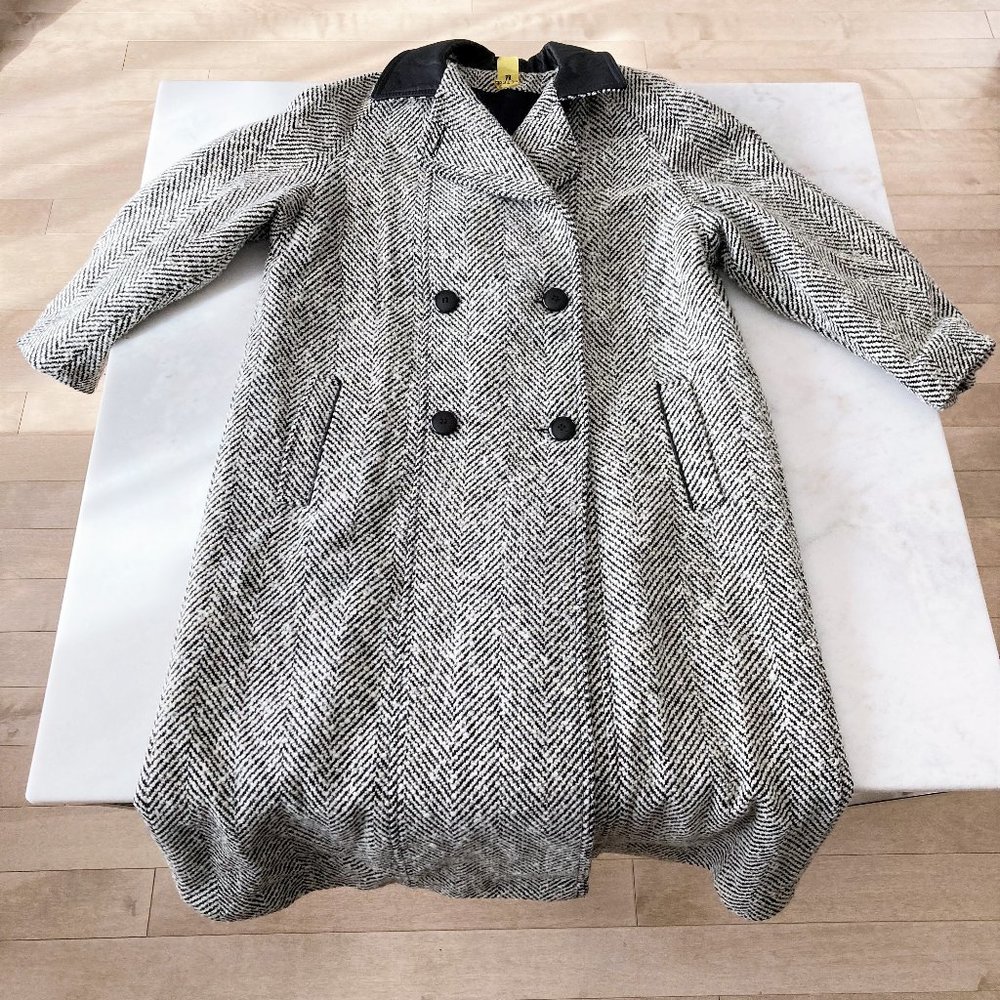 Vintage Fox Land petites black & ivory herringbone double breasted wool pea coat